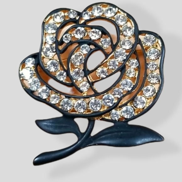 Vintage Black Enamel Rose Rhinestone Gold Tone Brooch - Picture 2 of 12